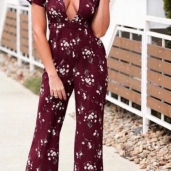 Sadie & Sage Pants - Sadie & Sage Red and White Floral Jumpsuit with V-Neck